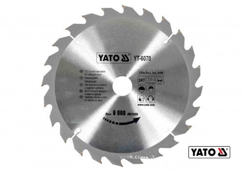 Диск пиляльний победітовий по дереву YATO: 250х30х3.2х2.2 мм, 24 зубці, R.P.M до 6000 1/хв YT-6070