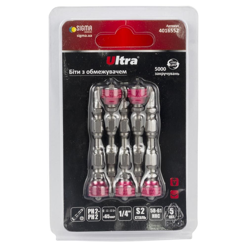 Біти з обмежувачем PH2-PH2?65мм ?" 5шт S2 (блістер) Ultra 4016552