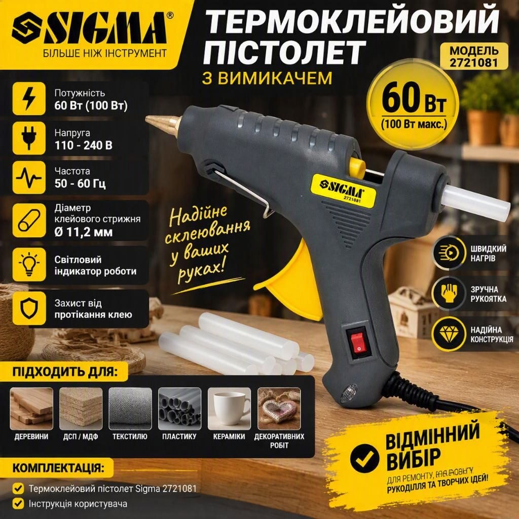 Термоклейовий пістолет Sigma 2721081 60 Вт (100 Вт), Ø11.2 мм, з вимикачем, захист від протікання, світловий індикатор 2721081