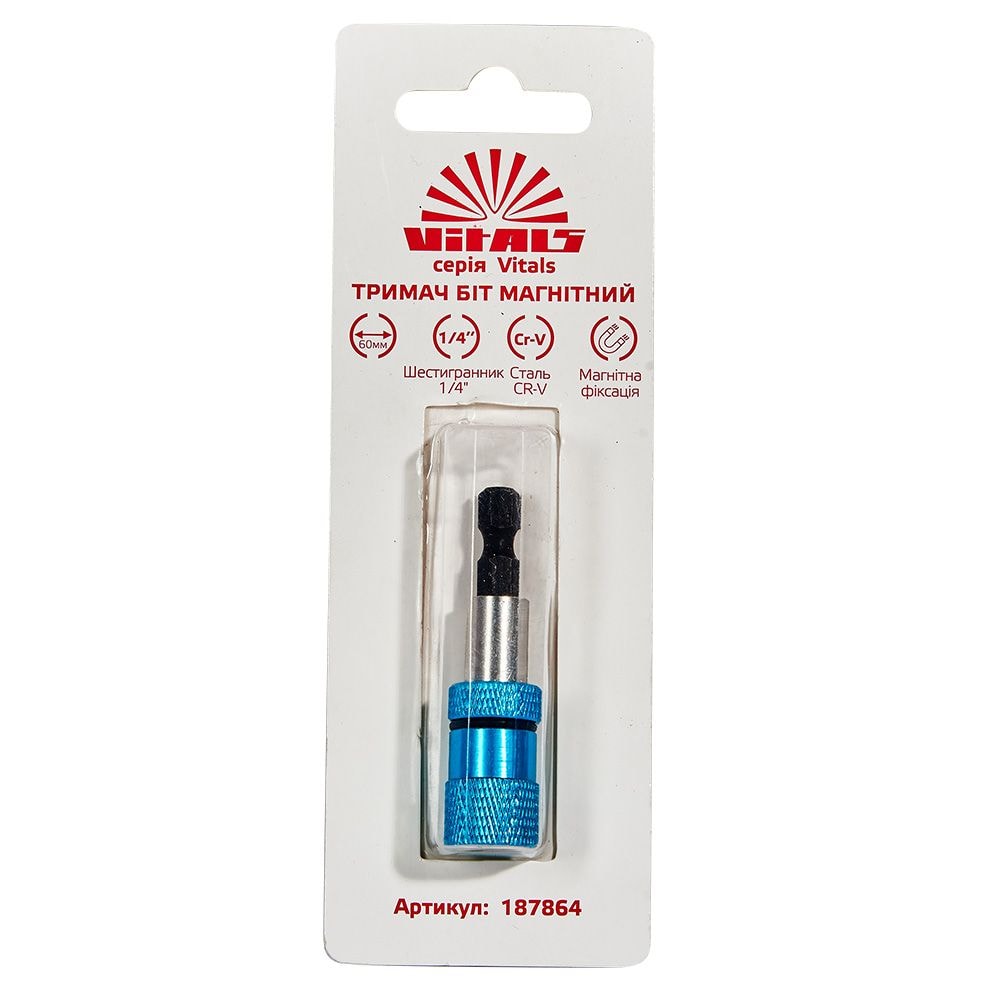 Тримач для біт магнітний 1/4"×60 мм з обмежувачем Vitals 187864