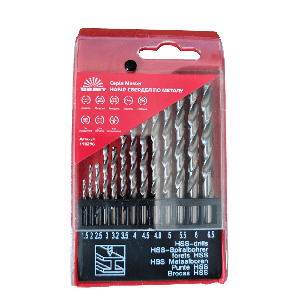 Набір свердел по металу HSS 4341 13 шт. 1.5–6.5 мм Vitals Master 190296