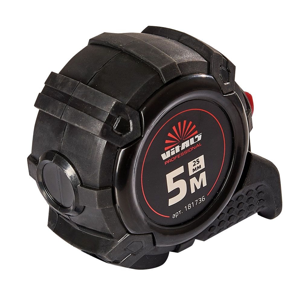 Рулетка прогумована з нейлоновим покриттям полотна 5 м x 25 мм автостоп Vitals Professional 181736