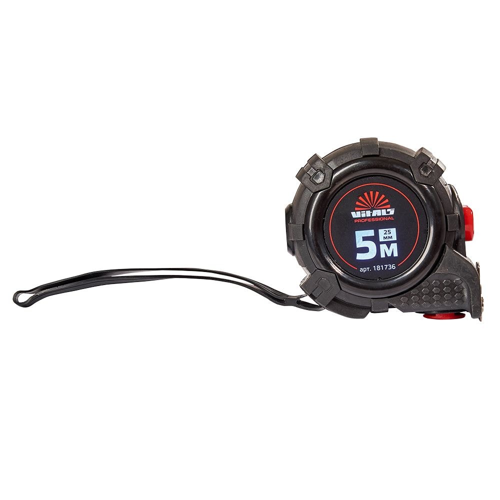 Рулетка прогумована з нейлоновим покриттям полотна 5 м x 25 мм автостоп Vitals Professional 181736