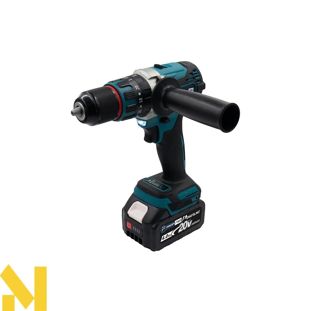 Акумуляторний шуруповерт PROFI-TEC DHP485BL, 20V, 2 х PT2040MP 4.0Aг, зарядне, набір сверл, кейс PT-006269