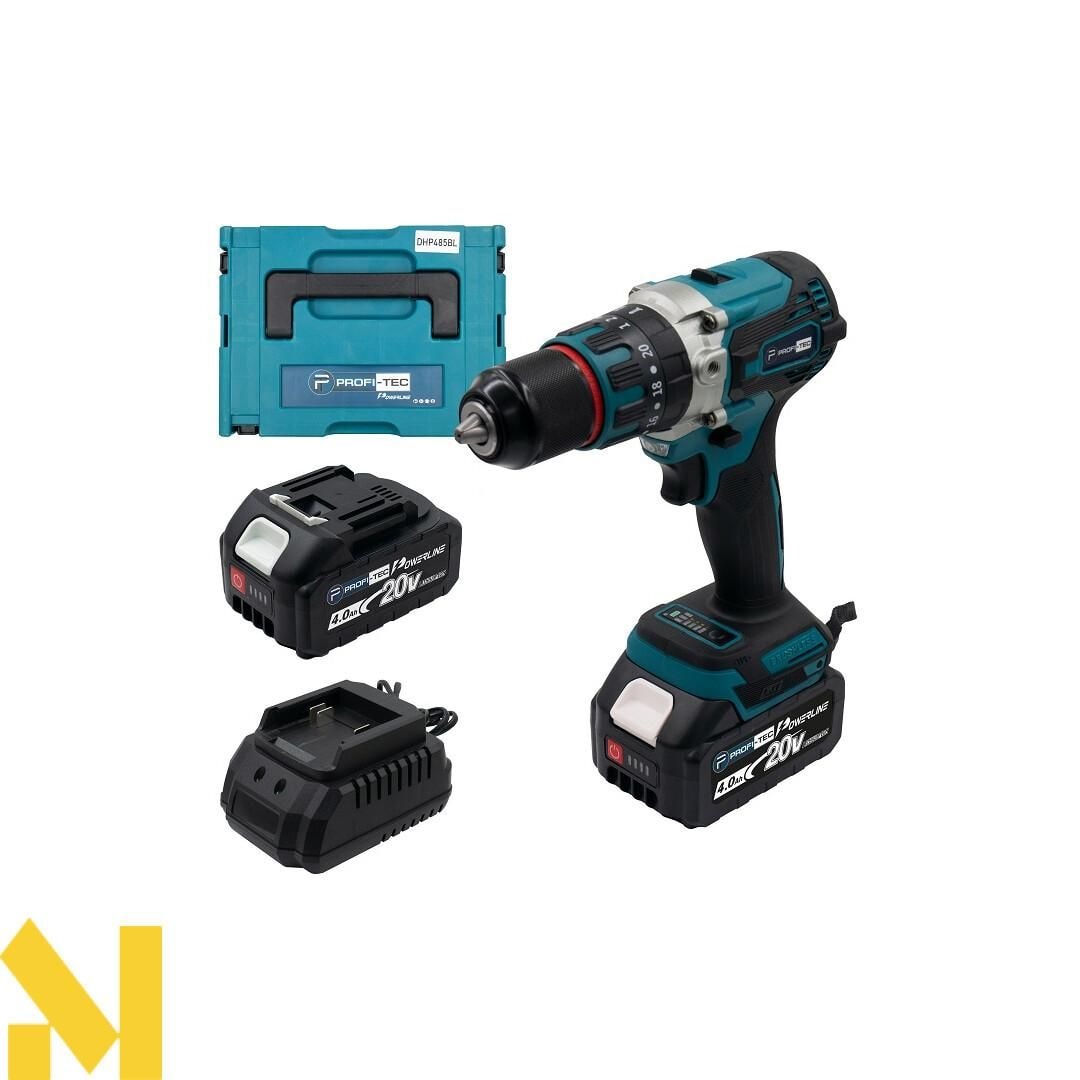 Акумуляторний шуруповерт PROFI-TEC DHP485BL, 20V, 2 х PT2040MP 4.0Aг, зарядне, набір сверл, кейс PT-006269