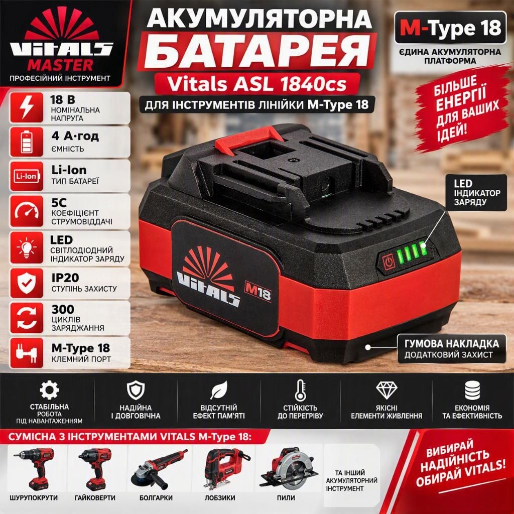 Акумуляторна батарея Vitals ASL 1840cs 18V 4.0Ah Li-Ion, LED індикатор заряду, для інструментів M-Type 18 235356
