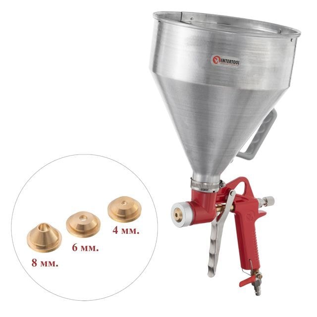 Розпилювач штукатурний пневматичний, форсунки: 4, 6, 8 мм, верхній металевий бачок, 6000 мл, 3-6 атм PT-0401