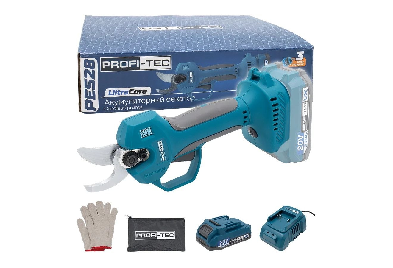 Акумуляторний секатор PROFI-TEC PES28, діаметр різу 25мм, 1хPT2020VX, зарядний BC20V, коробка 007630