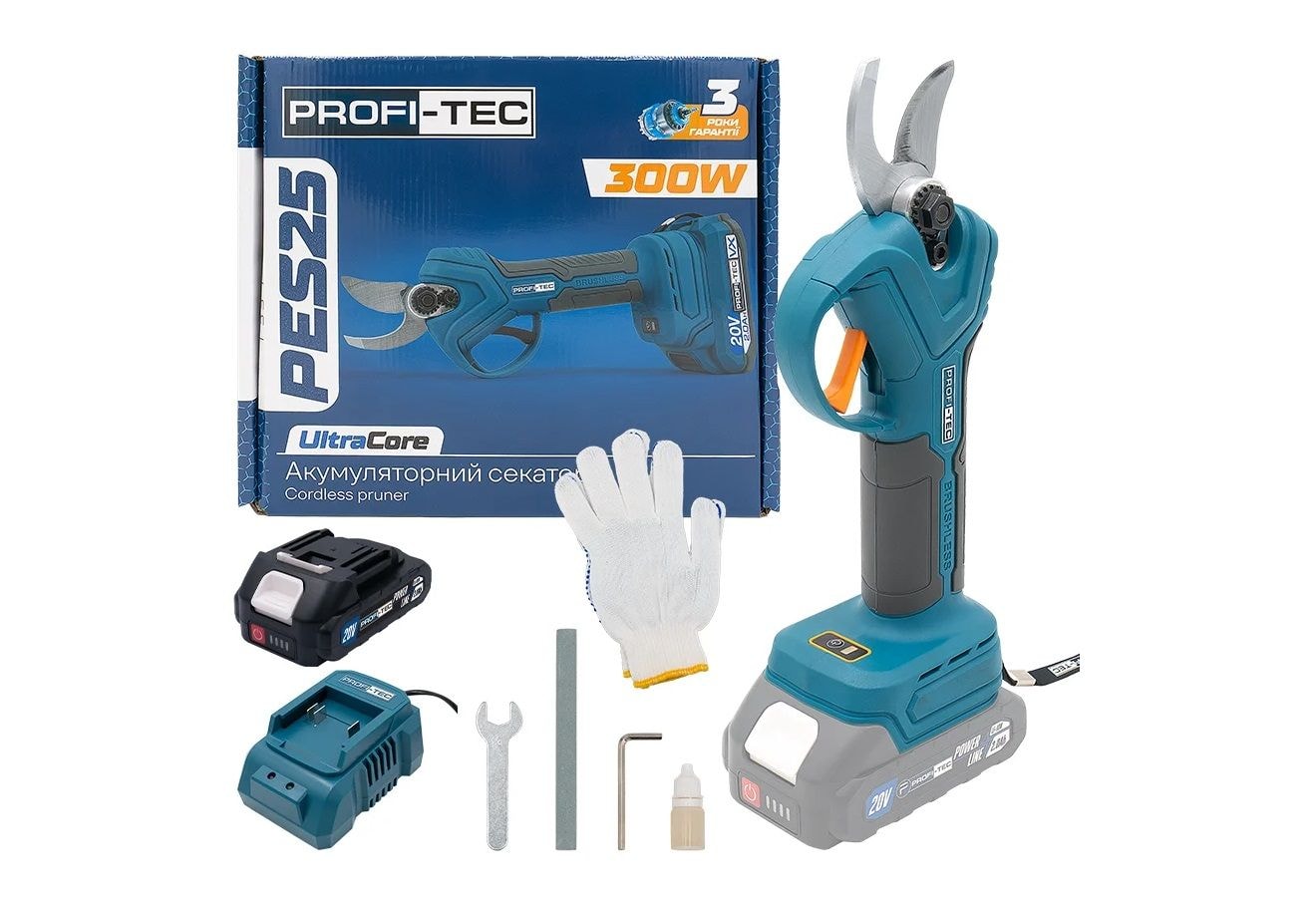 Акумуляторний секатор PROFI-TEC PES25 1хPT2020MP, зарядний BC15V, коробка 007644