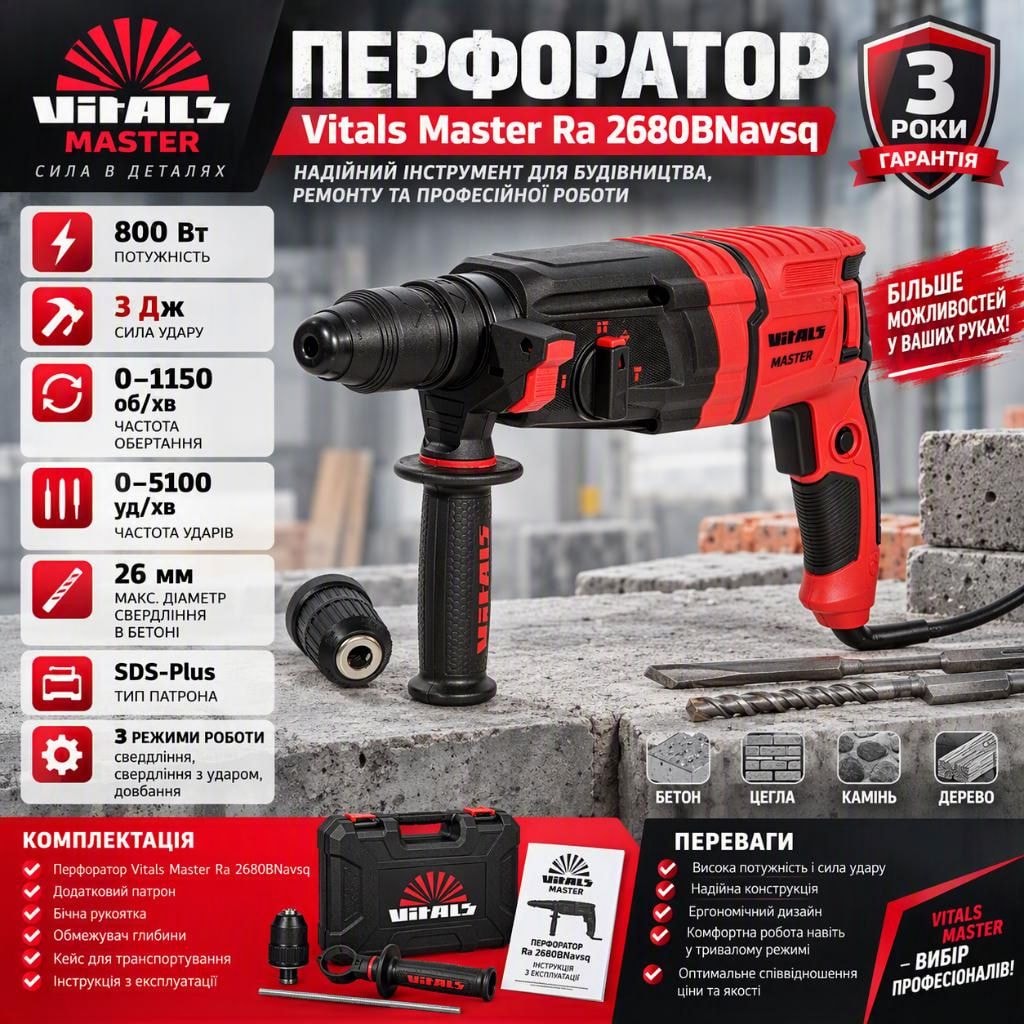 Перфоратор Vitals Master Ra 2680BNavsq 800 Вт, 3 Дж, SDS-Plus, 3 режими роботи, кейс 243913