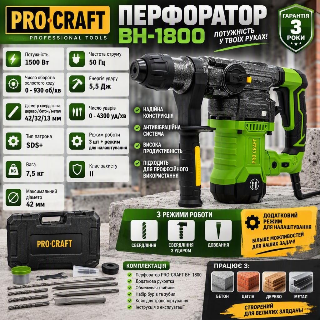 Перфоратор PRO-CRAFT BH-1800 1500 Вт, 5.5 Дж, SDS-Plus, 3 режими роботи, 0-4300 уд/хв, кейс 018003