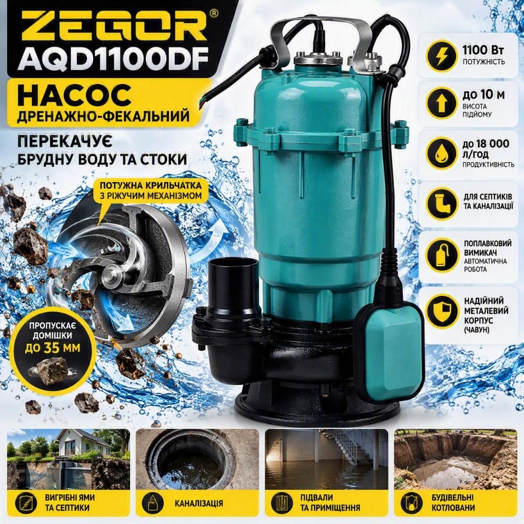 Насос дренажно-фекальний ZEGOR AQD1100DF 1100Вт для брудної води, каналізації та септика 9981272