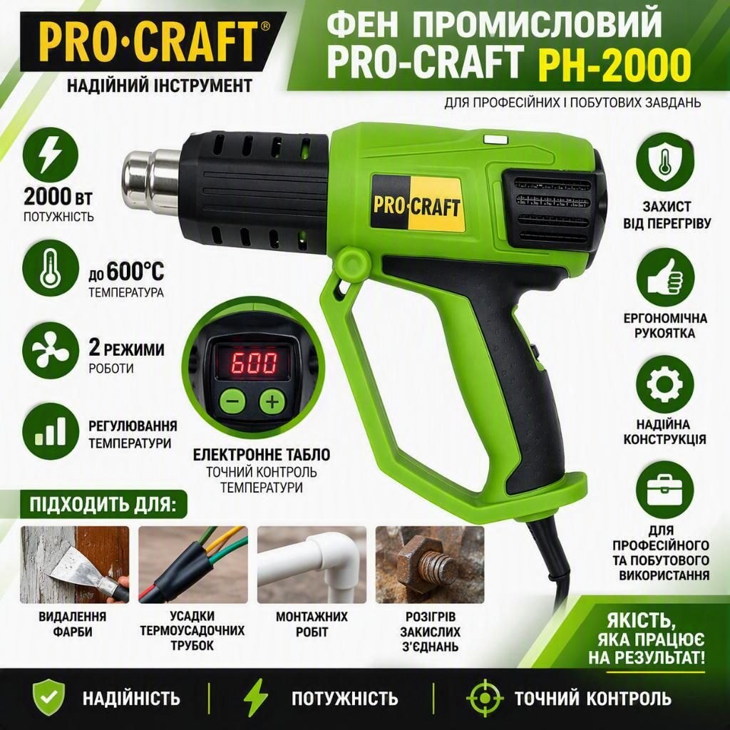 Фен промисловий PRO-CRAFT PH-2000, 2000 Вт, електронне табло, 50-650°C, 250-500 л/хв, комплект насадок 120001