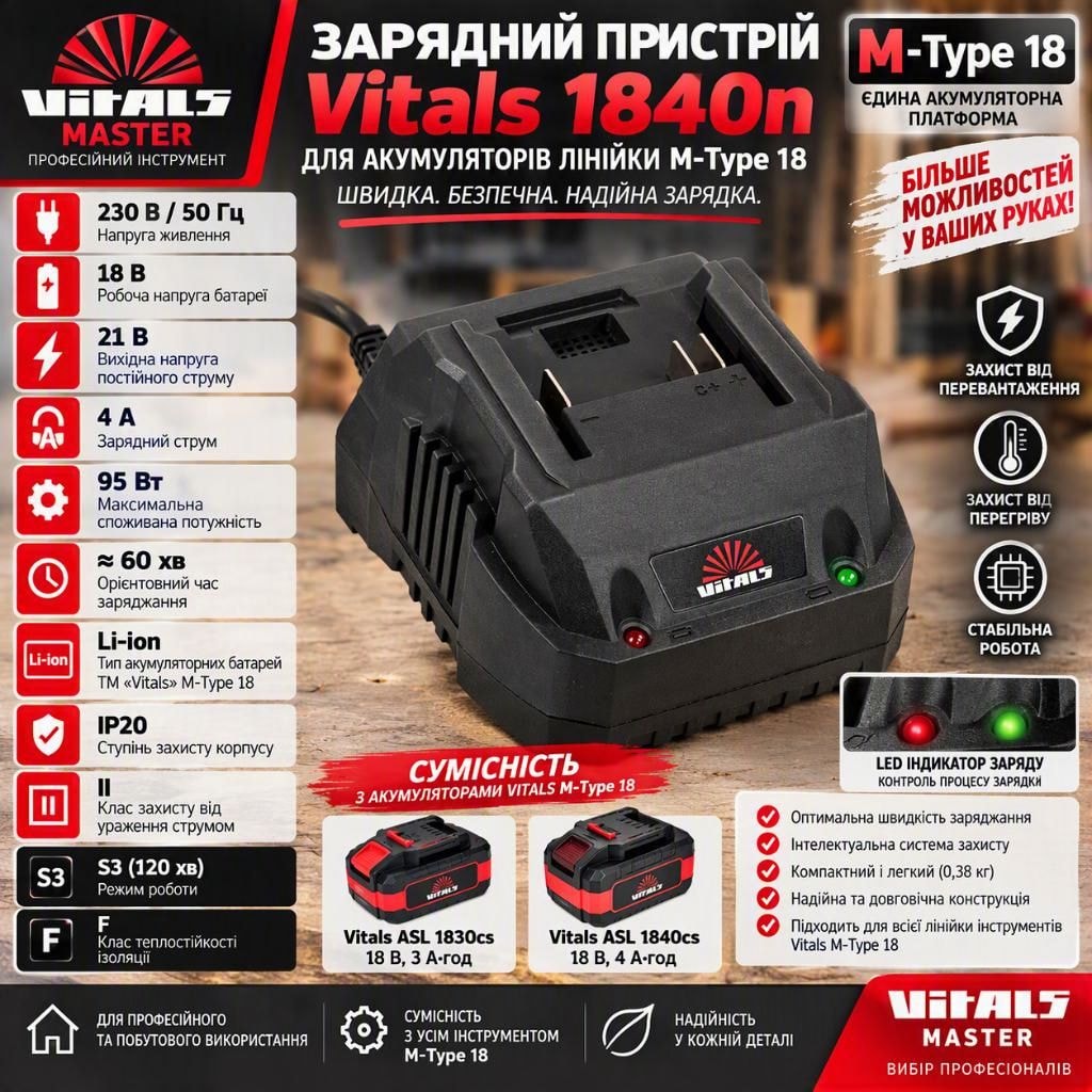 Зарядний пристрій Vitals 1840n 4A для акумуляторів M-Type 18, 18В, зарядка за 60 хвилин, Li-Ion 244906