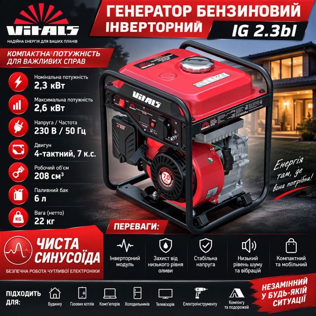Генератор бензиновий інверторний Vitals IG 2.3bl 2.6 кВт, чиста синусоїда, 230 В, двигун 7 к.с., мідна обмотка 250580