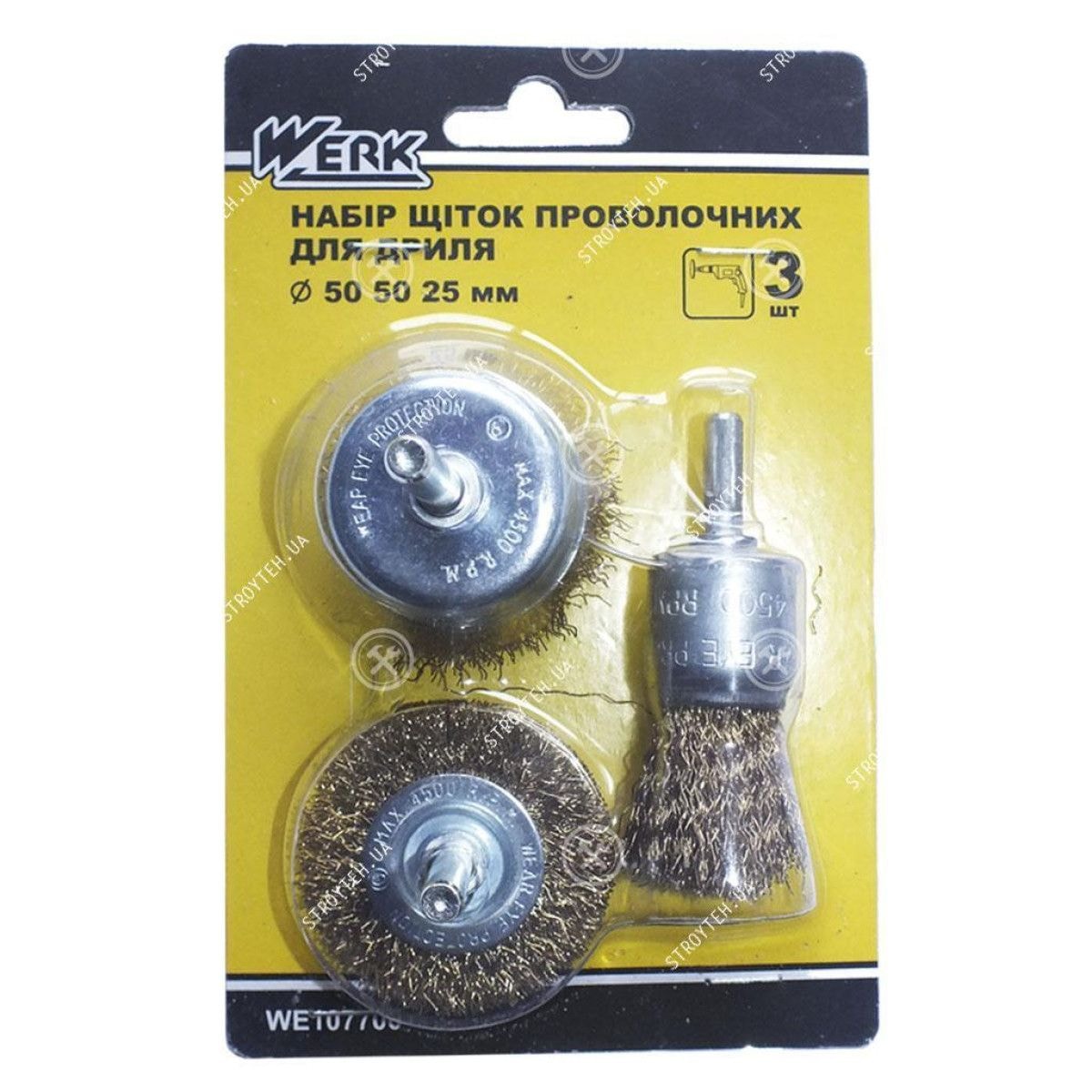 Набір щіток проволочних 3 шт. (25, 50 - торцеві, 50 мм - дискова), WERK, WE107700/7132903 67355