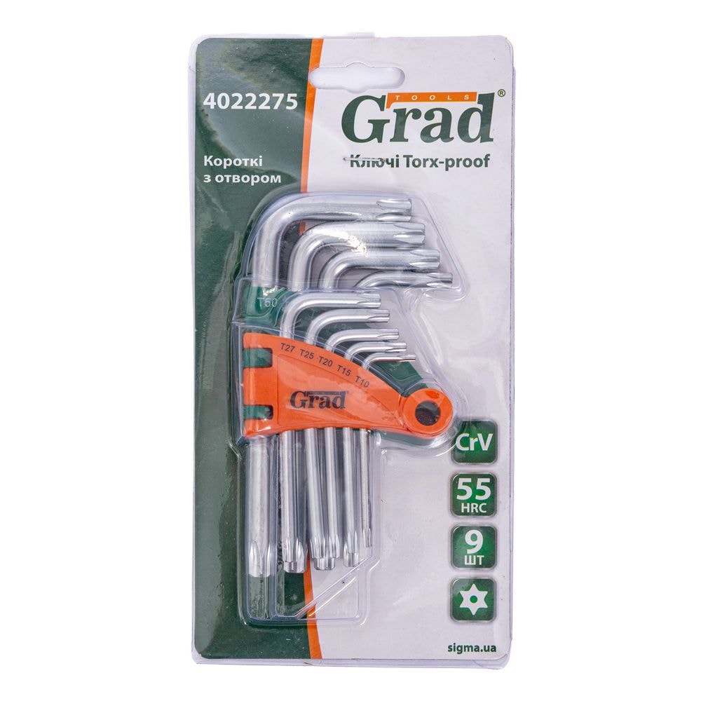 Ключі torx 9шт T10-T50мм CrV (короткі з отвором) Grad 4022275