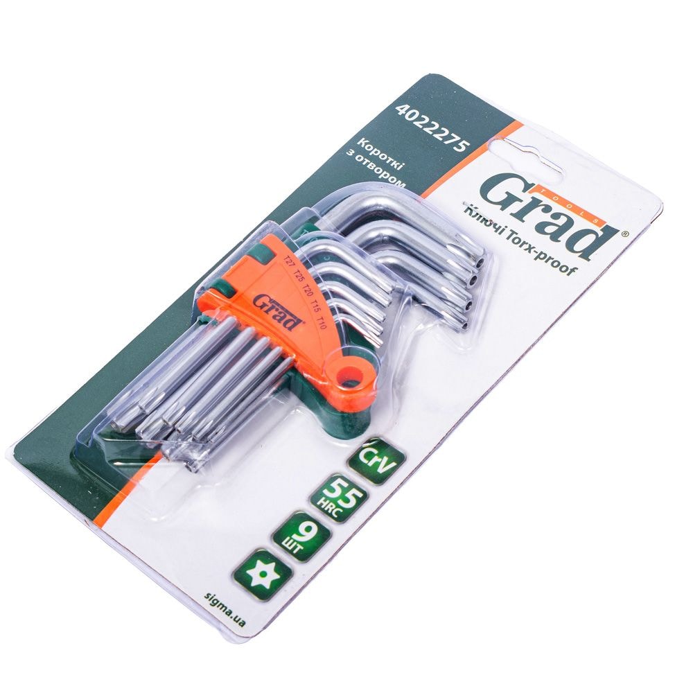Ключі torx 9шт T10-T50мм CrV (короткі з отвором) Grad 4022275