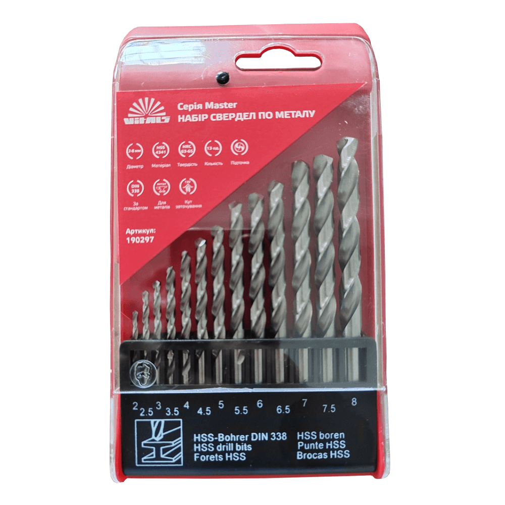 Набір свердел по металу HSS 4341 13 шт. 2–8 мм Vitals Master 190297