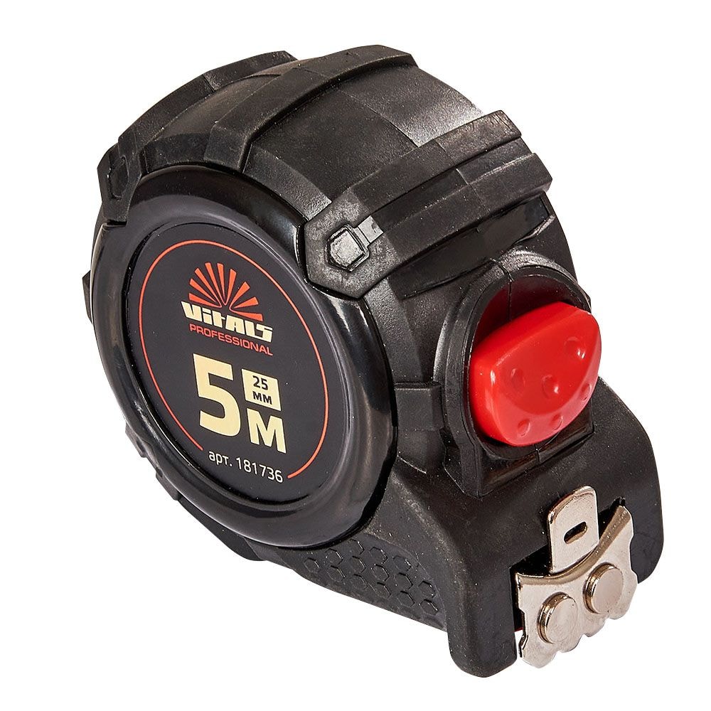 Рулетка прогумована з нейлоновим покриттям полотна 5 м x 25 мм автостоп Vitals Professional 181736