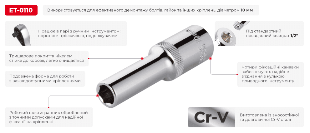 Головка шестигранна подовжена 1/2" 10мм* 78мм. STORM ET-0110