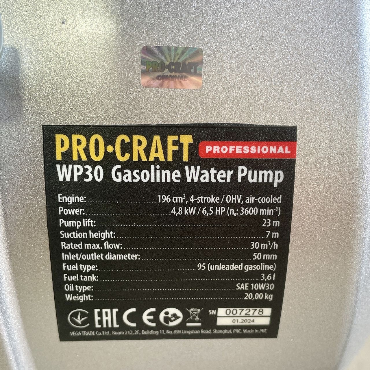 Мотопомпа бензинова PROCRAFT WP30 800030