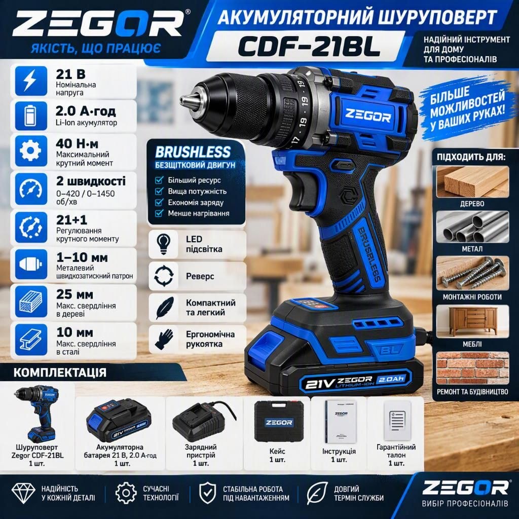 Шуруповерт акумуляторний Zegor CDF-21BL 21В, 2.0А·год, безщітковий двигун, 40 Нм, 2 швидкості, кейс 4295