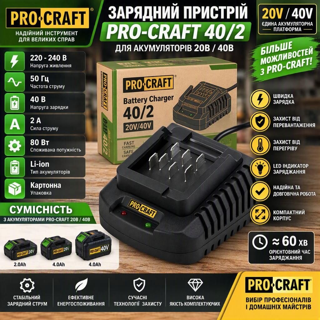Зарядний пристрій PRO-CRAFT 40/2 для АКБ 20V/40V, 2A, 80Вт, Li-Ion, швидка зарядка 030047