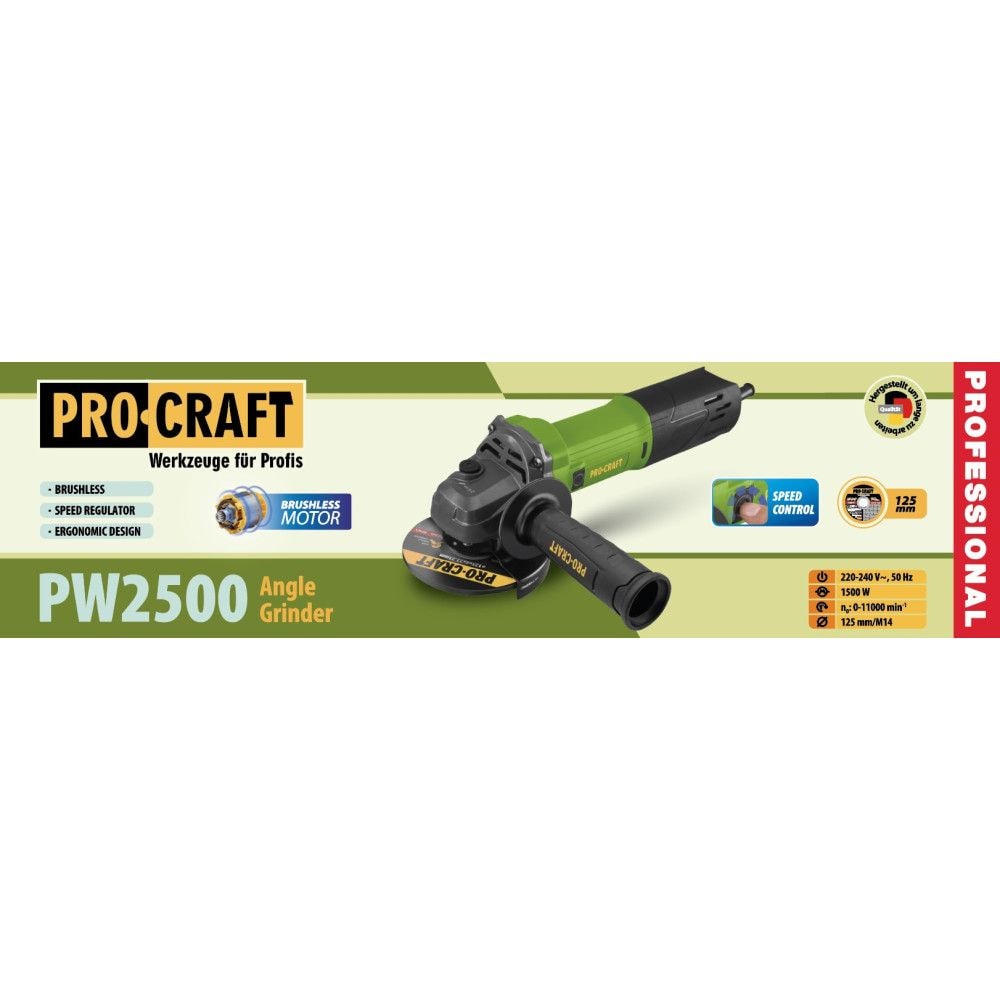 Шліфмашина кутова PRO-CRAFT PW-2500 (безщіткова O 125mm) 025005