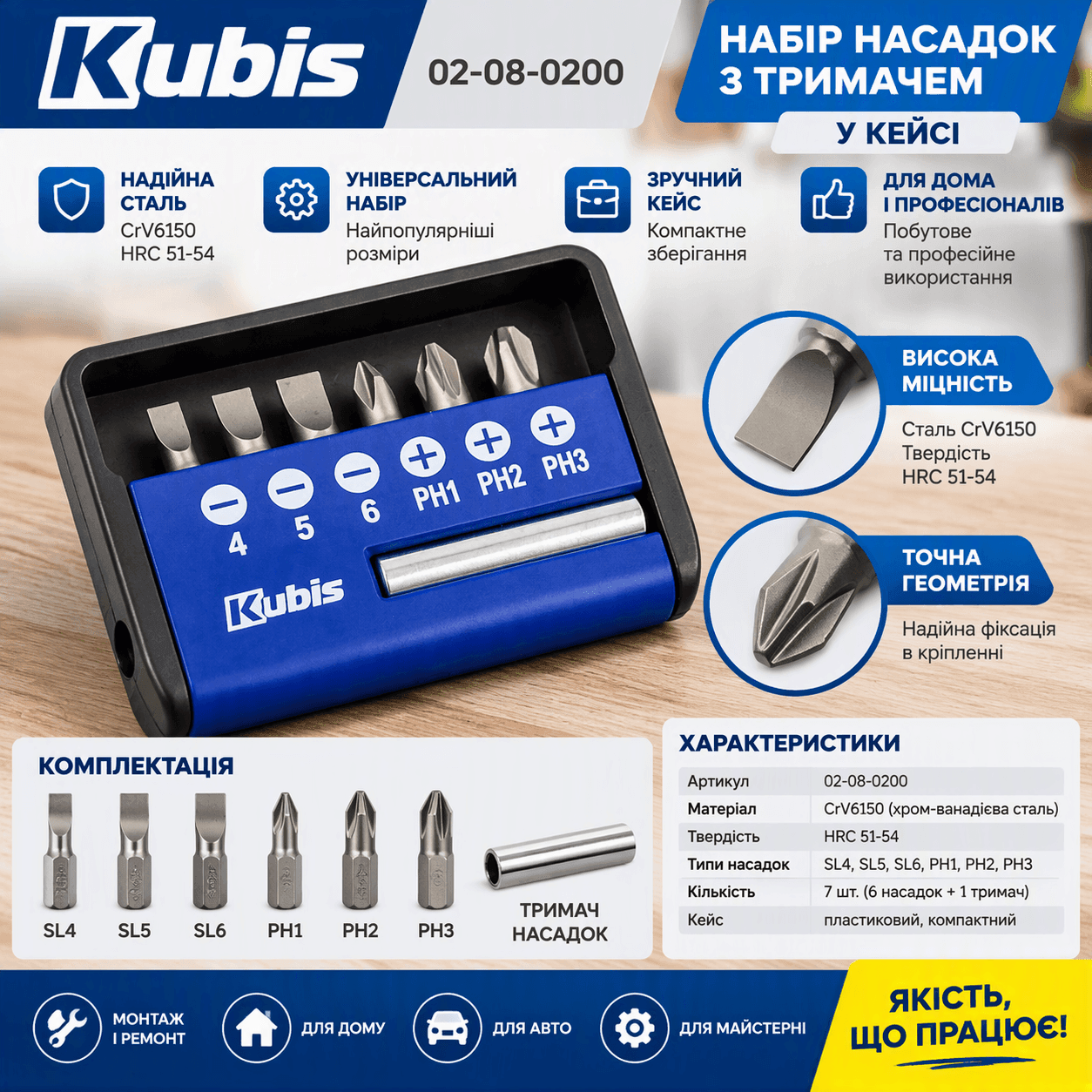 Насадки з тримачем у кейсі Kubis 02-08-0200, 6 біт + тримач, SL4/SL5/SL6/PH1/PH2/PH3, CrV6150, HRC 51-54, компактний набір для ремонту 02-08-0200