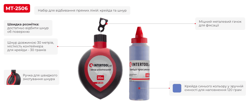 Шнур розмічальний 30 м з коректором, крейда 120 г (синя) MT-2506
