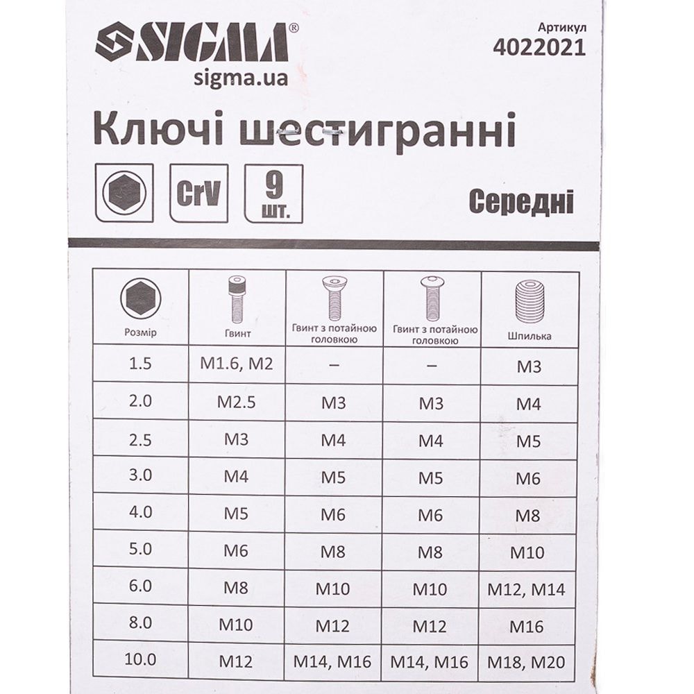Ключі шестигранні 9шт 1,5-10мм CrV (середні) 4022021