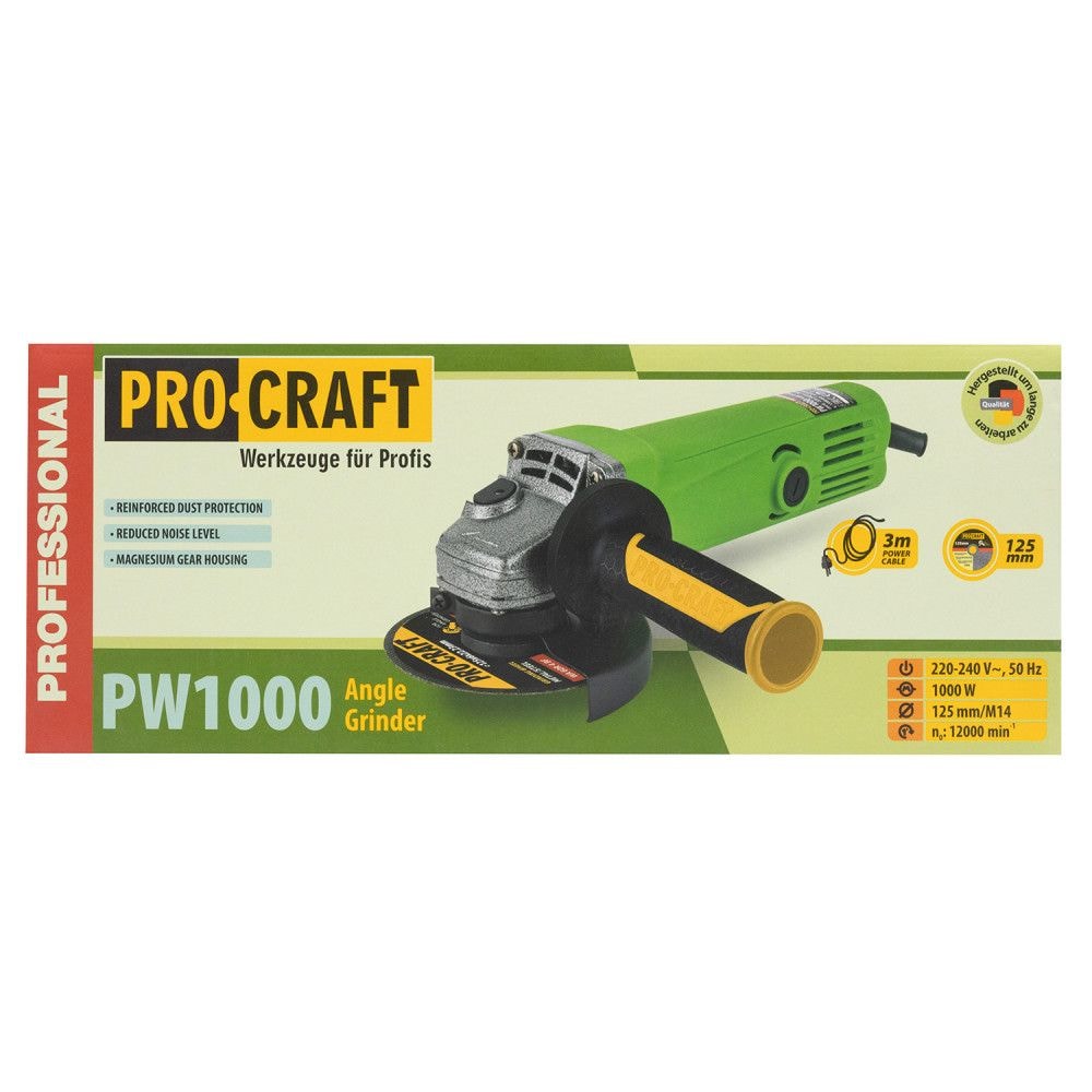 Кутошліфувальна машина Procraft PW1000 125 мм, 1000 Вт, 11000 об/хв, болгарка з кабелем 3 м 010008